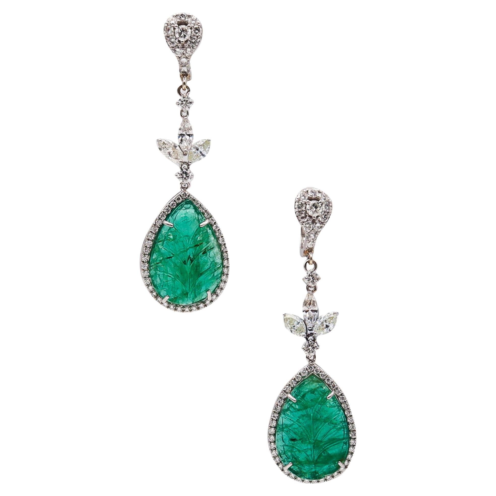 Dangle Drop Earrings In 18Kt Gold With 20.68 Ctw In Diamonds And Carved Emeralds For Sale