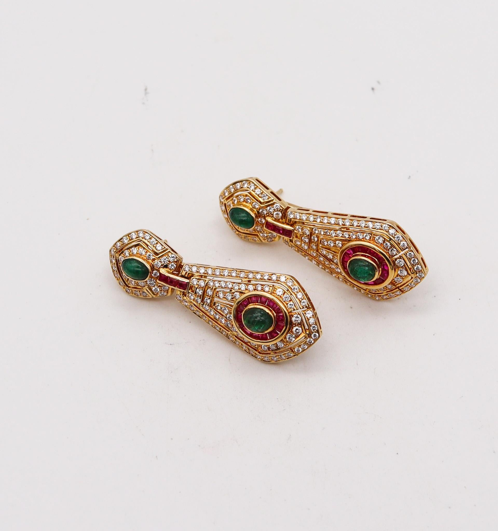 Modernist Dangle Drop Earrings In 18Kt Gold With 7.92 Ctw In Diamonds Rubies And Emeralds For Sale