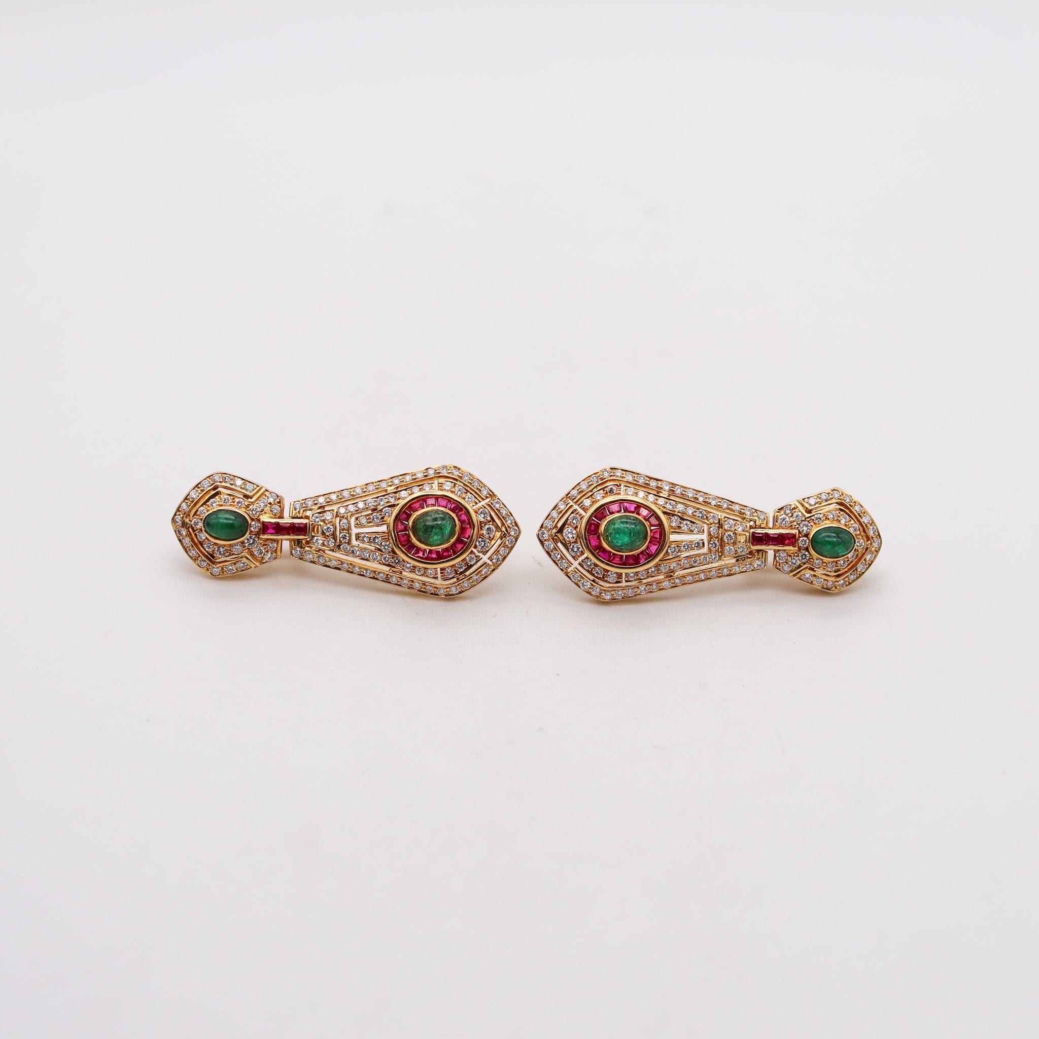 Brilliant Cut Dangle Drop Earrings In 18Kt Gold With 7.92 Ctw In Diamonds Rubies And Emeralds For Sale