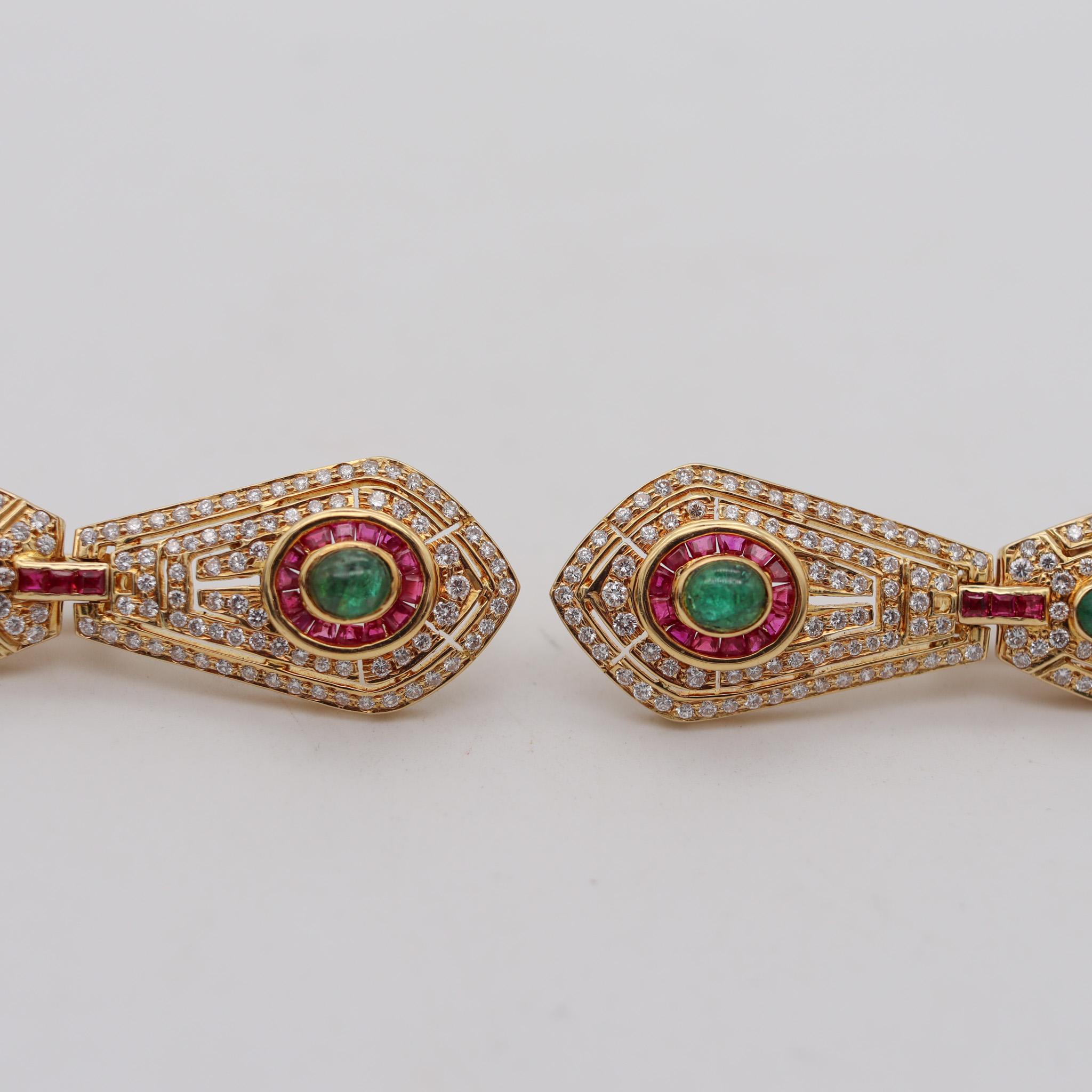 Dangle Drop Earrings In 18Kt Gold With 7.92 Ctw In Diamonds Rubies And Emeralds In Excellent Condition For Sale In Miami, FL