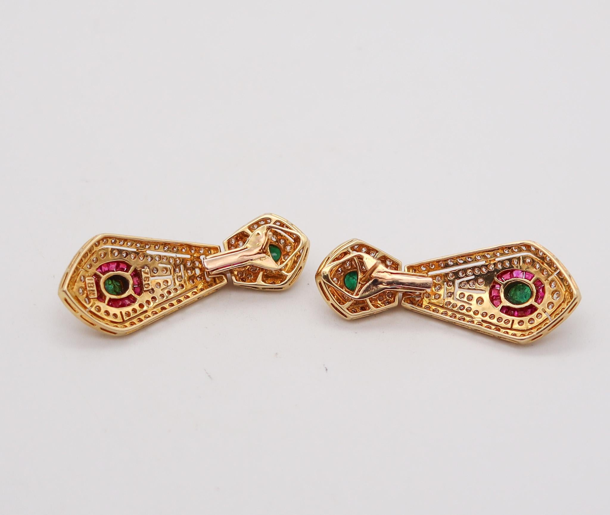Women's Dangle Drop Earrings In 18Kt Gold With 7.92 Ctw In Diamonds Rubies And Emeralds For Sale