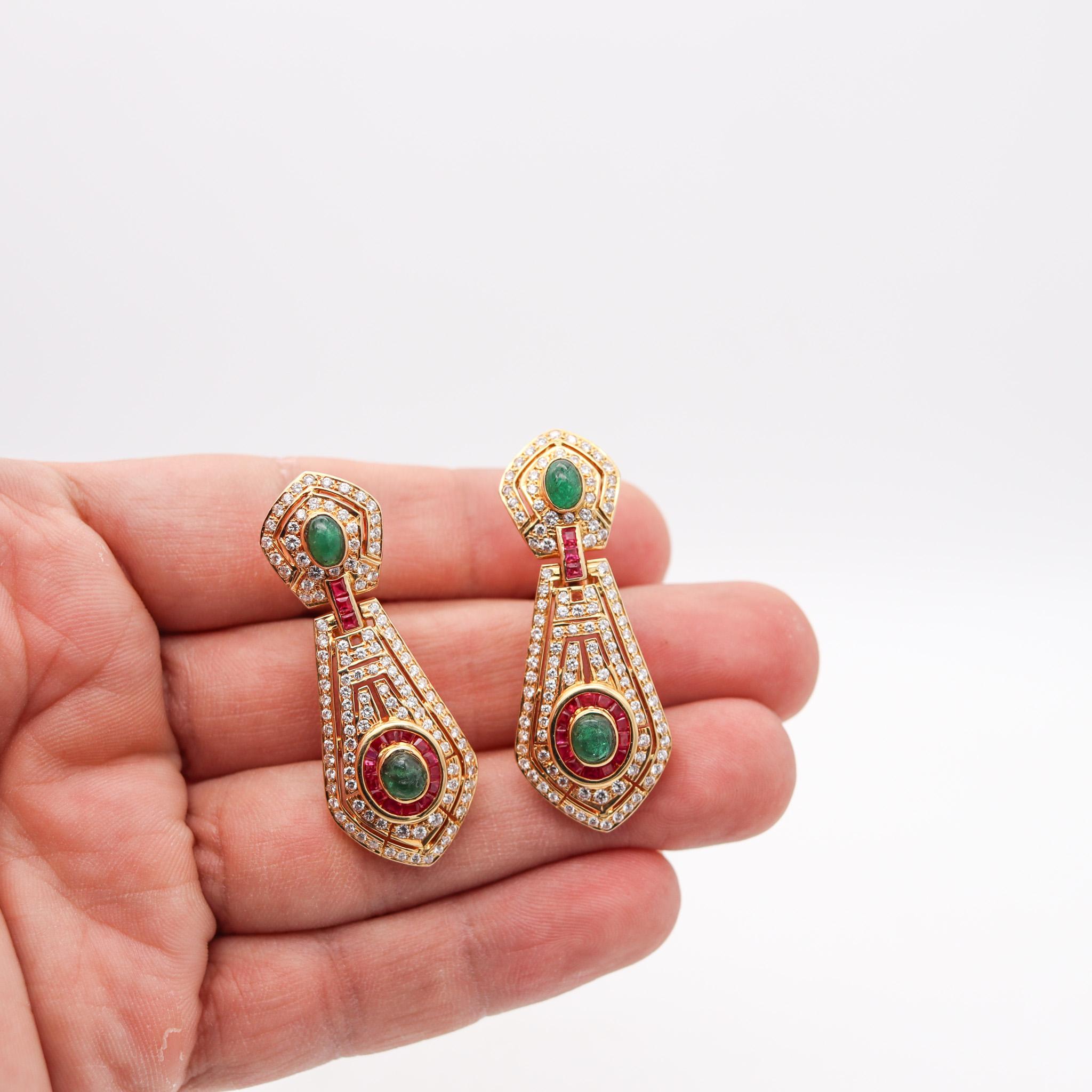 Dangle Drop Earrings In 18Kt Gold With 7.92 Ctw In Diamonds Rubies And Emeralds For Sale 2