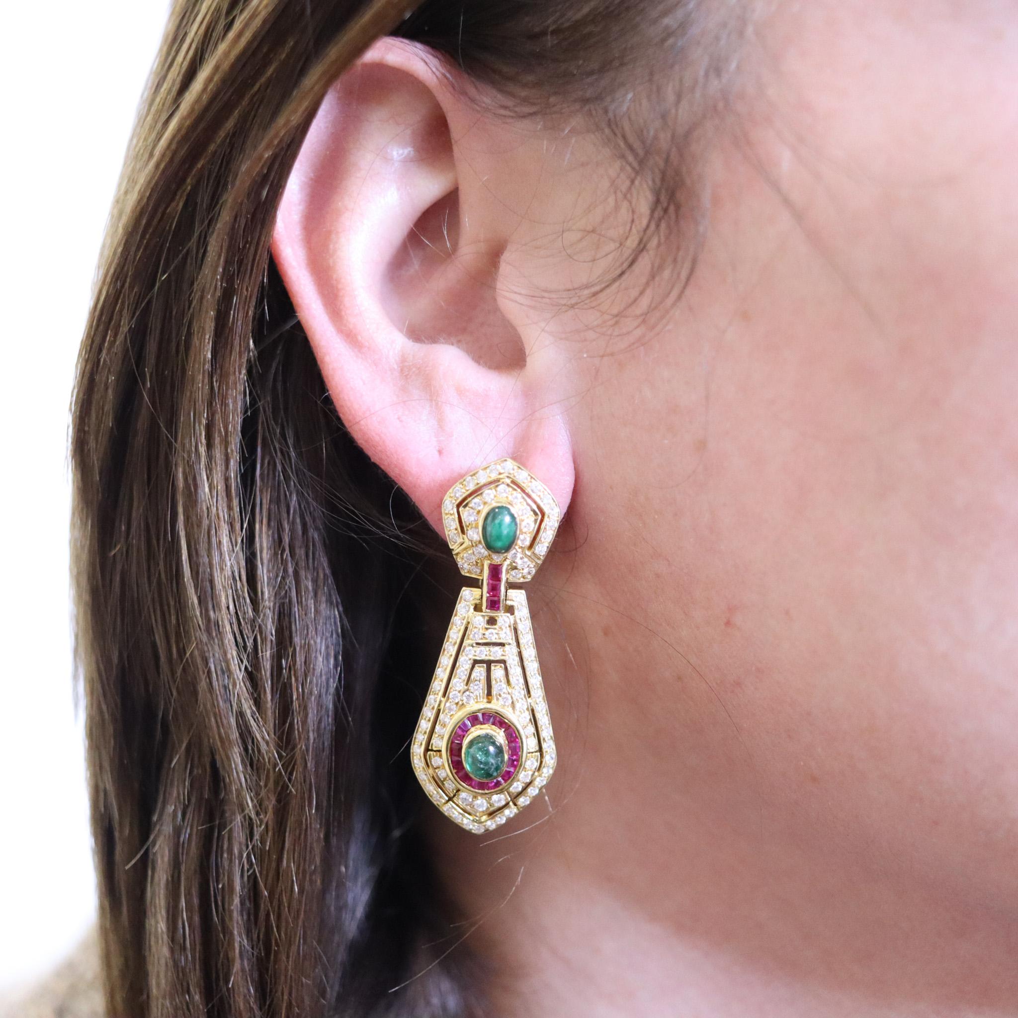 Dangle Drop Earrings In 18Kt Gold With 7.92 Ctw In Diamonds Rubies And Emeralds For Sale 3