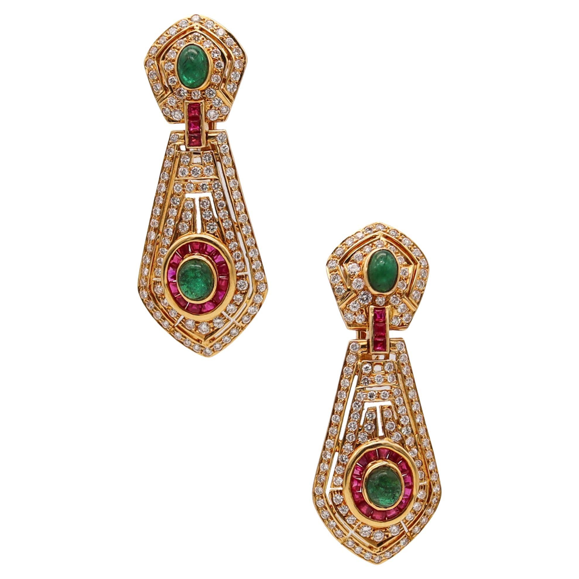 Dangle Drop Earrings In 18Kt Gold With 7.92 Ctw In Diamonds Rubies And Emeralds For Sale