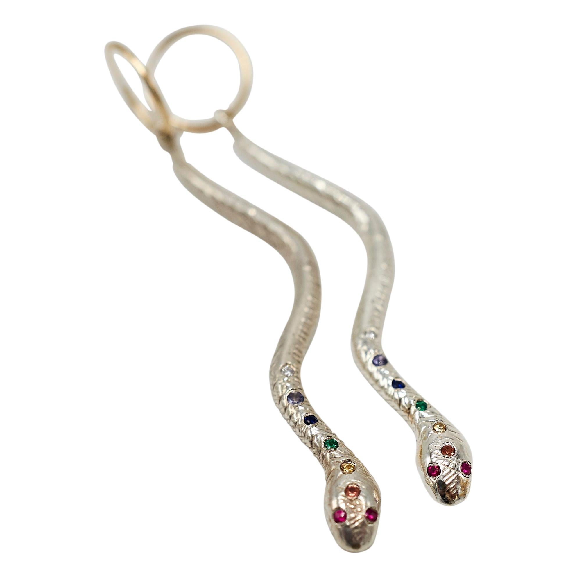 Orecchini pendenti a forma di serpente in argento con serpente, chakra, arcobaleno, diamante bianco e zaffiro