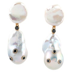 Dangle Earring with Baroque Pearl Embellished with Black Diamonds in 18k Gold