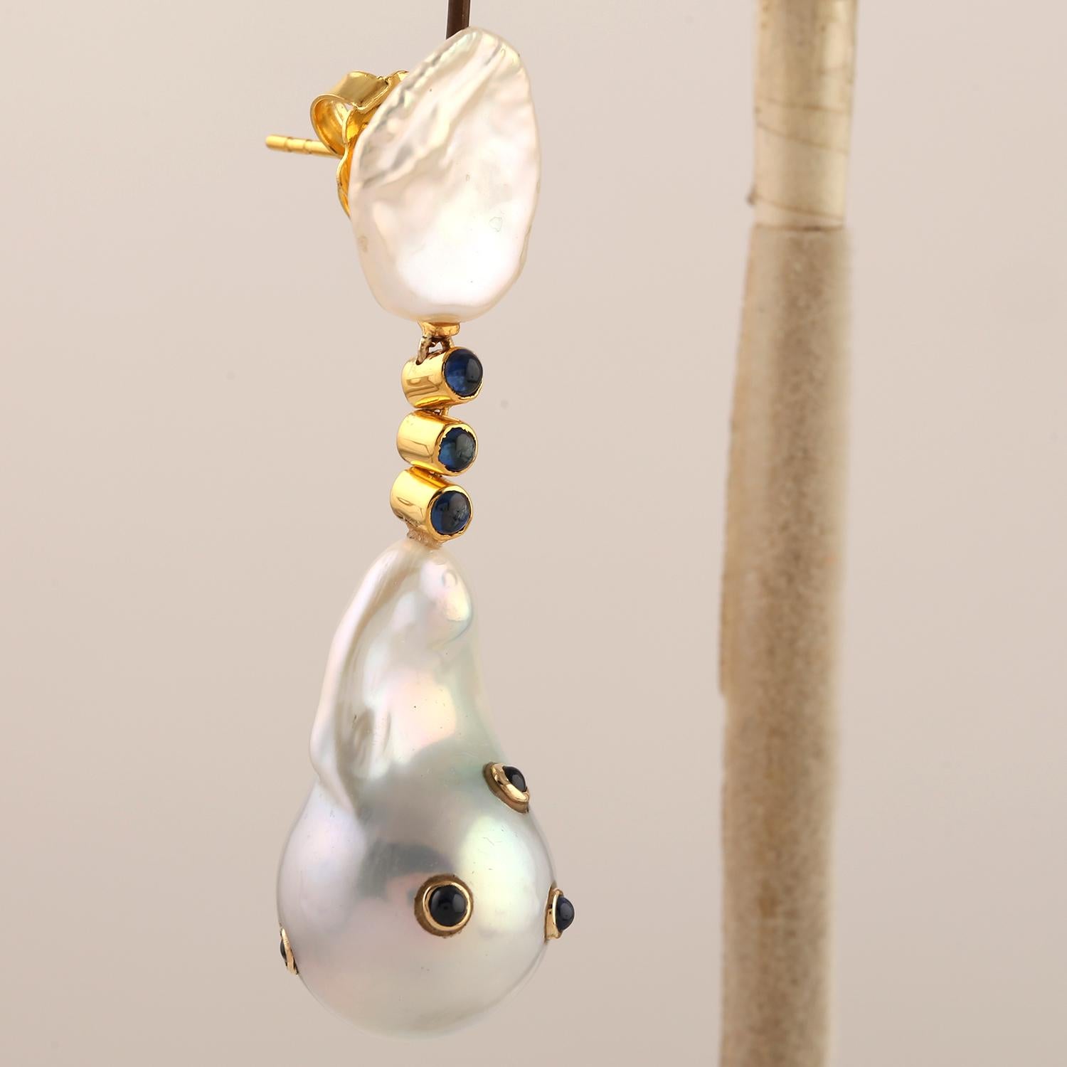 Mixed Cut Dangle Earring with Baroque Pearl Embellished with Sapphire in 18k Gold For Sale