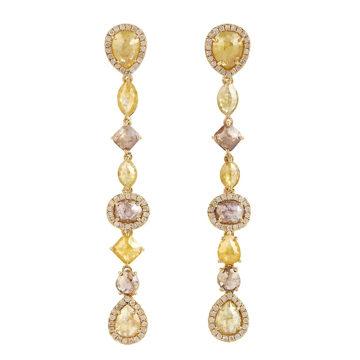 Mixed Cut Dangle Earring with Ice Diamond & Pave Diamond Made in 18k Gold For Sale