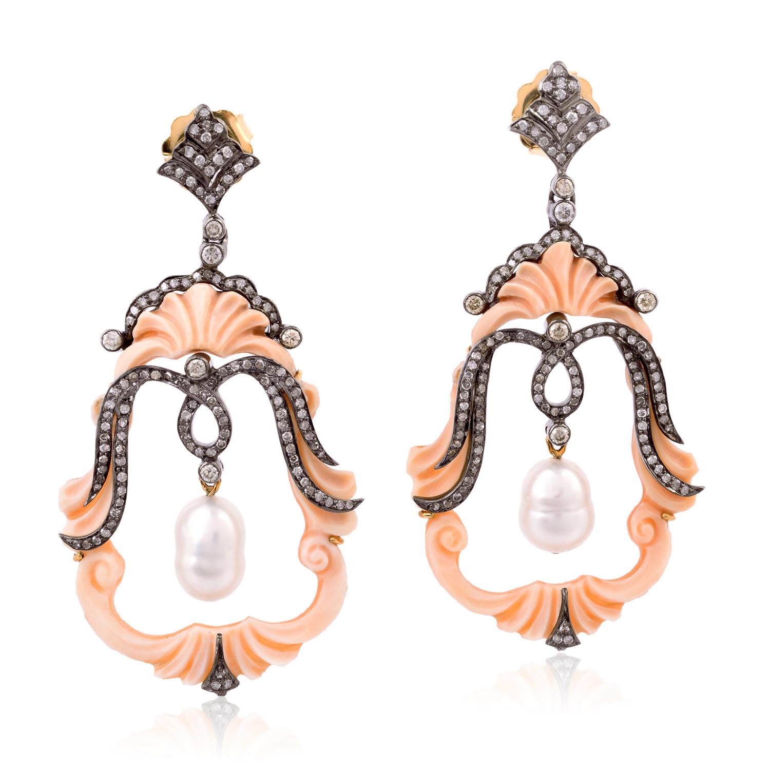 Mixed Cut Dangle Earring with Shell Cameo & Pearl with Pave Diamonds Made in Gold & Silver For Sale