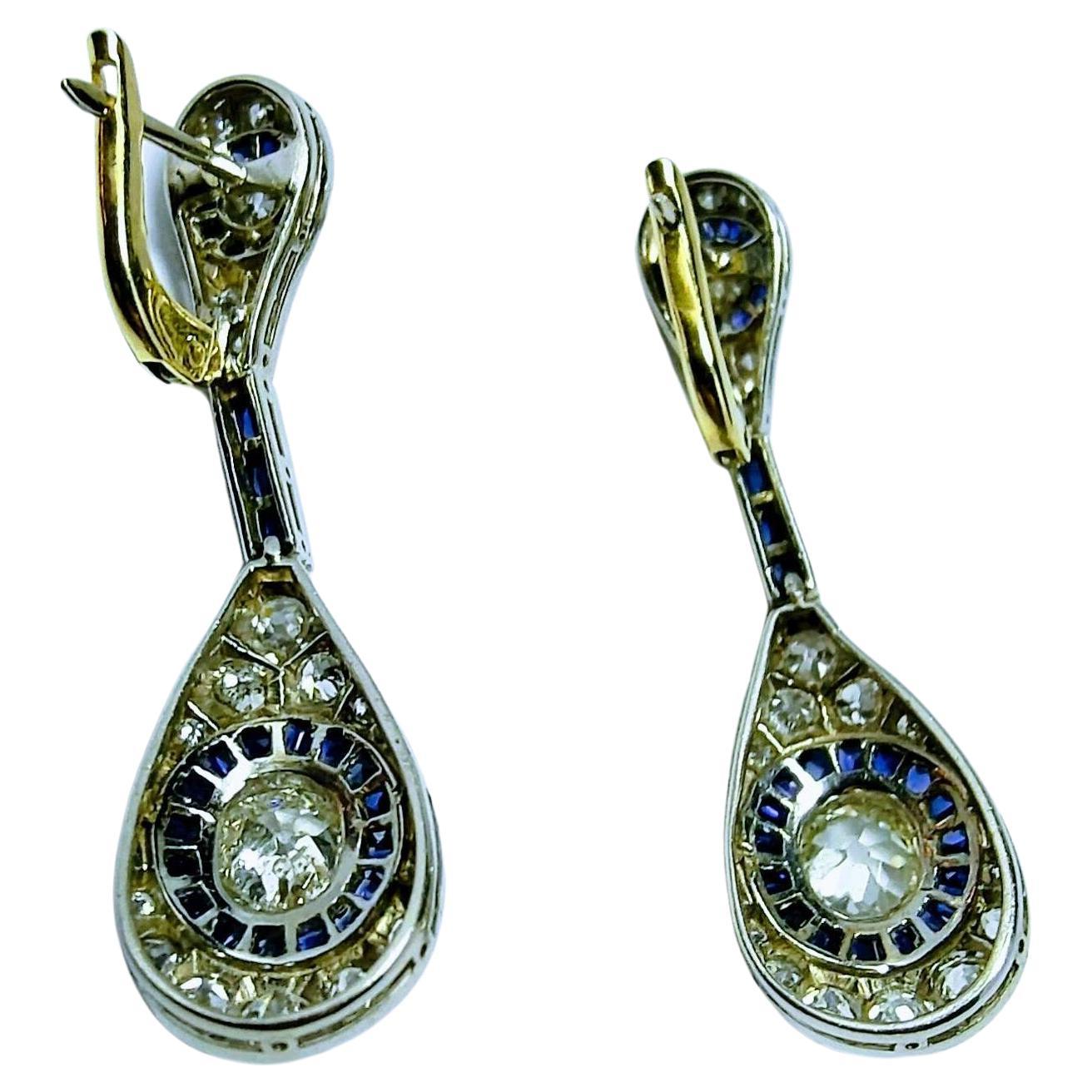 Dangle Earrings Art Deco 1930s Diamond Old Mine Cut and Sapphires Platinum 1