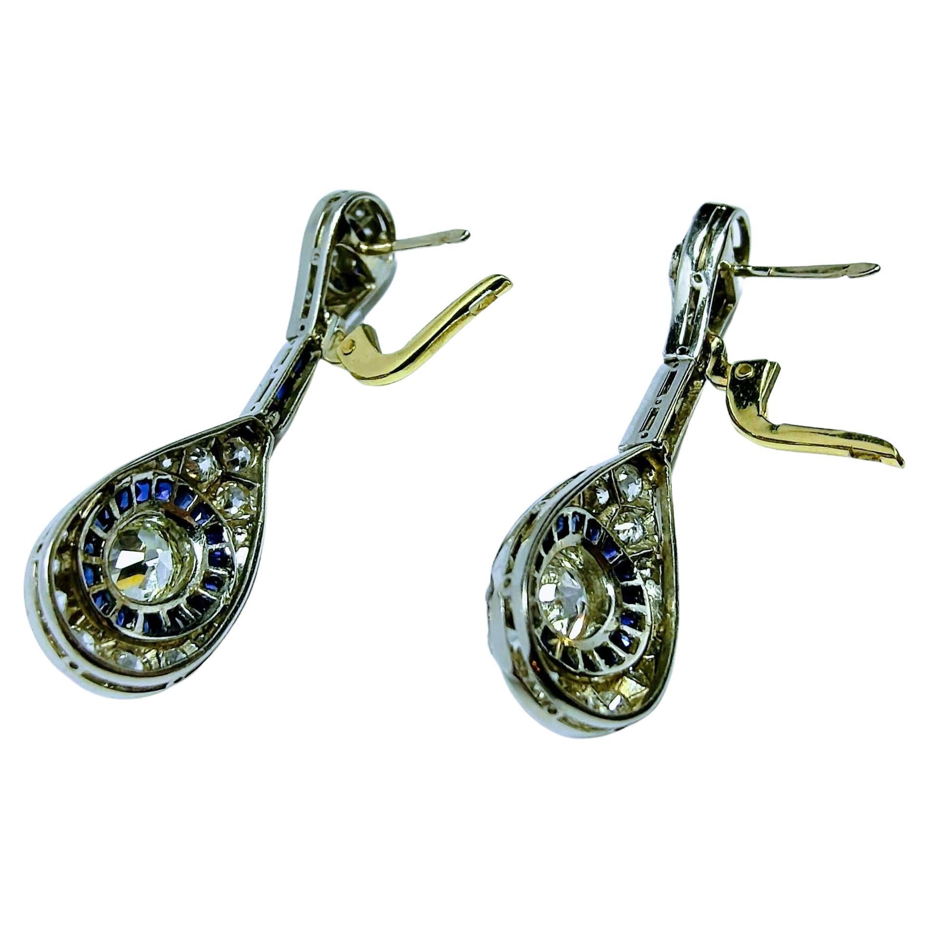 Dangle Earrings Art Deco 1930s Diamond Old Mine Cut and Sapphires Platinum 4