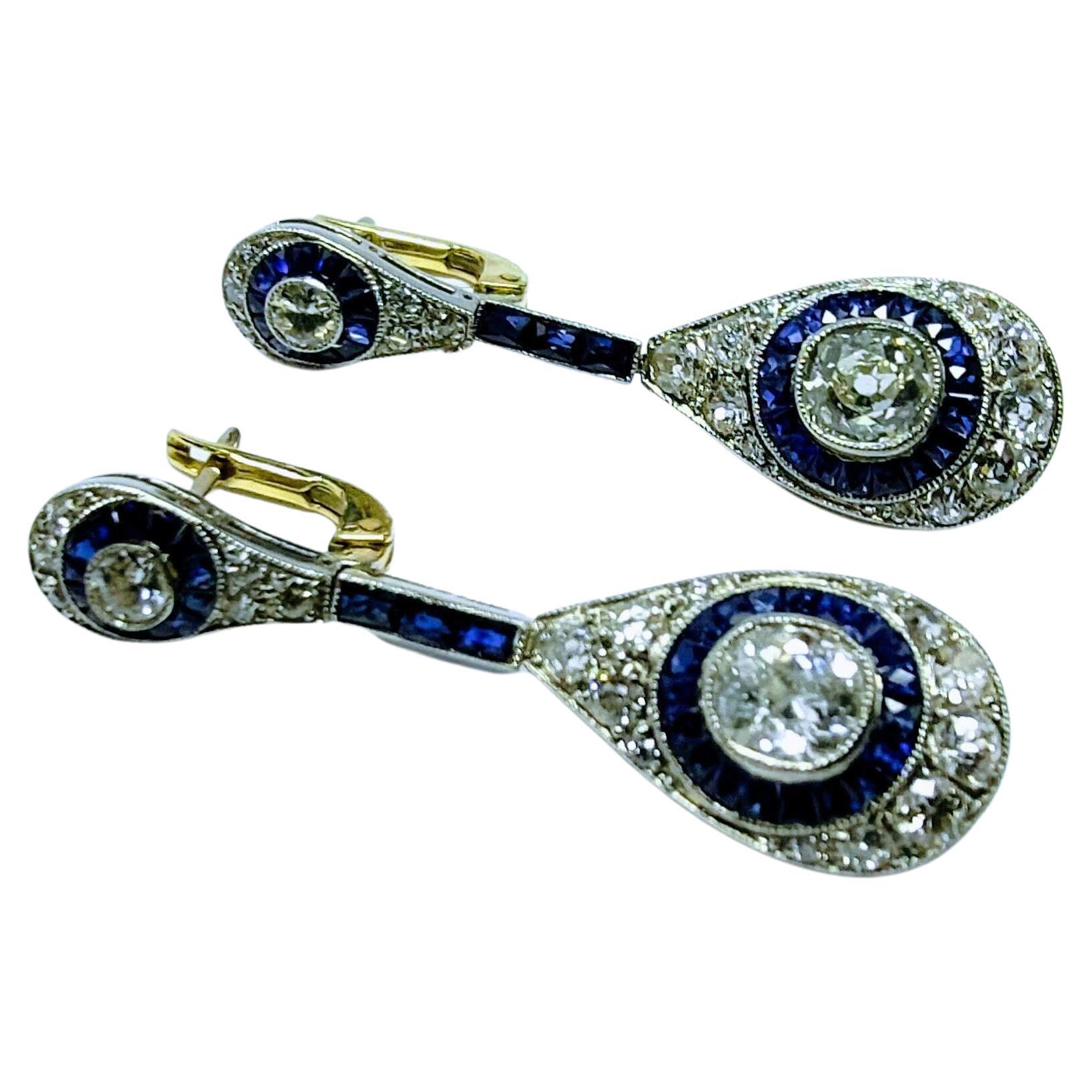 Dangle Earrings Art Deco 1930s Diamond Old Mine Cut and Sapphires Platinum 5
