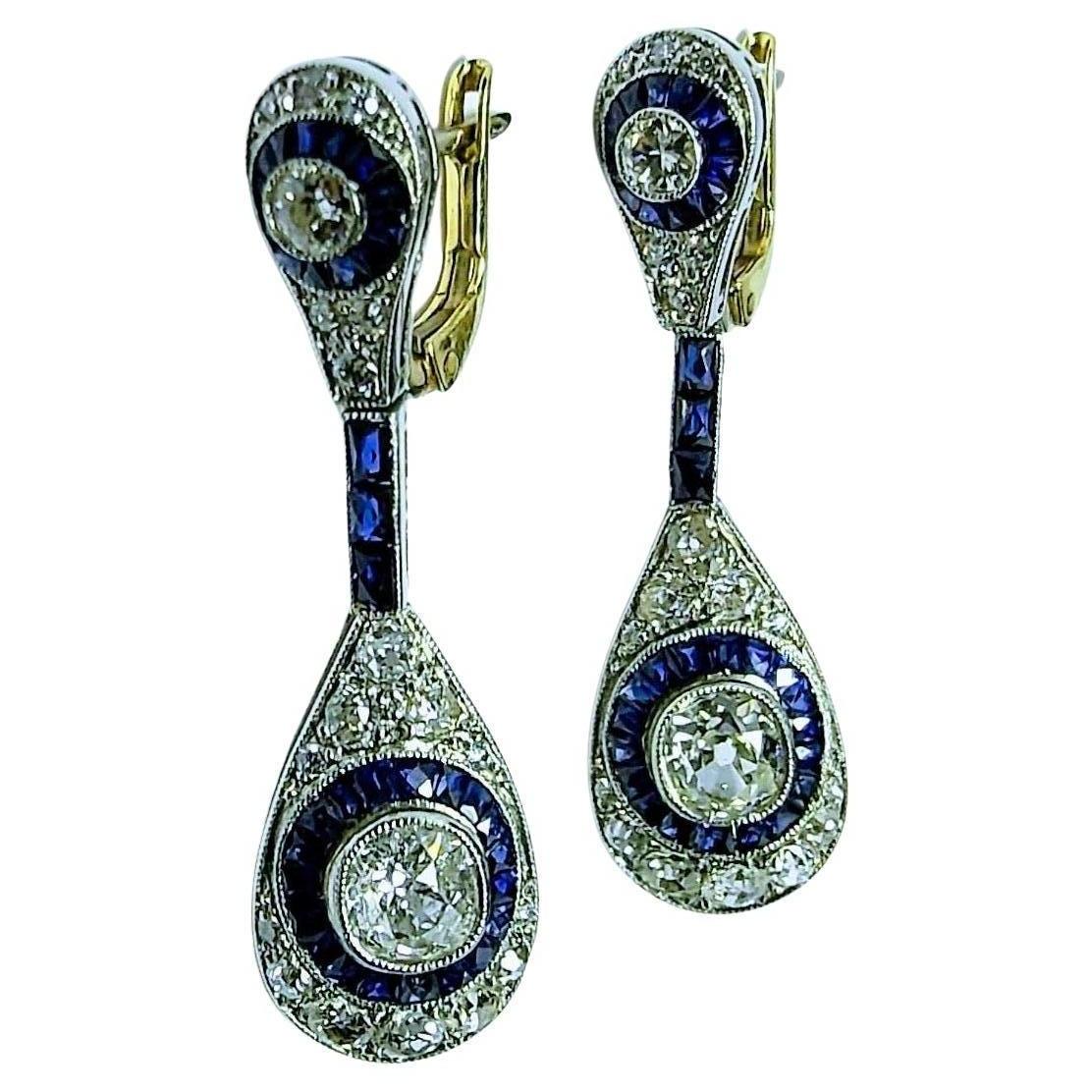 Dangle Earrings Art Deco 1930s Diamond Old Mine Cut and Sapphires Platinum