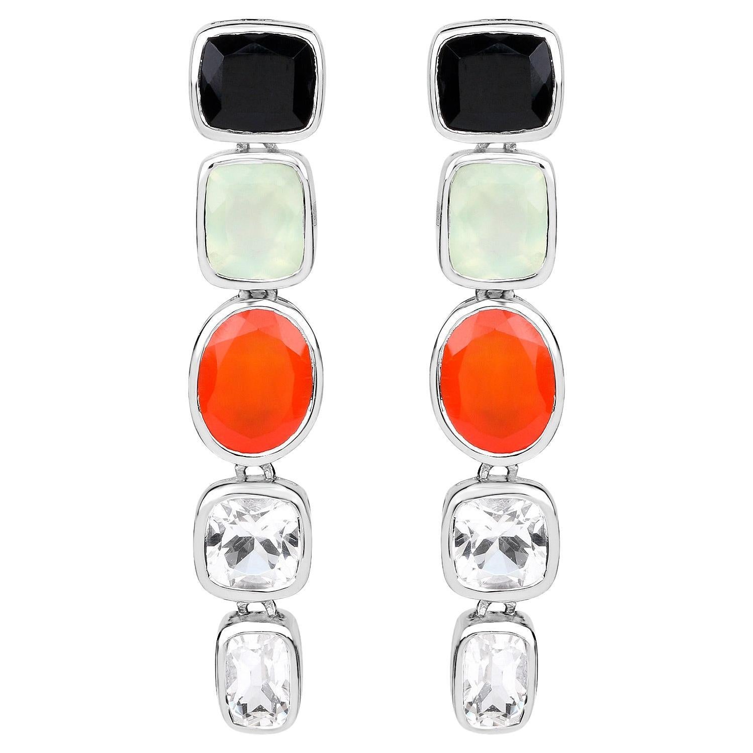 Boucles d'oreilles pendantes Onyx noir Prehnite Cornaline Cristal Quartz 10.2 Carats en vente