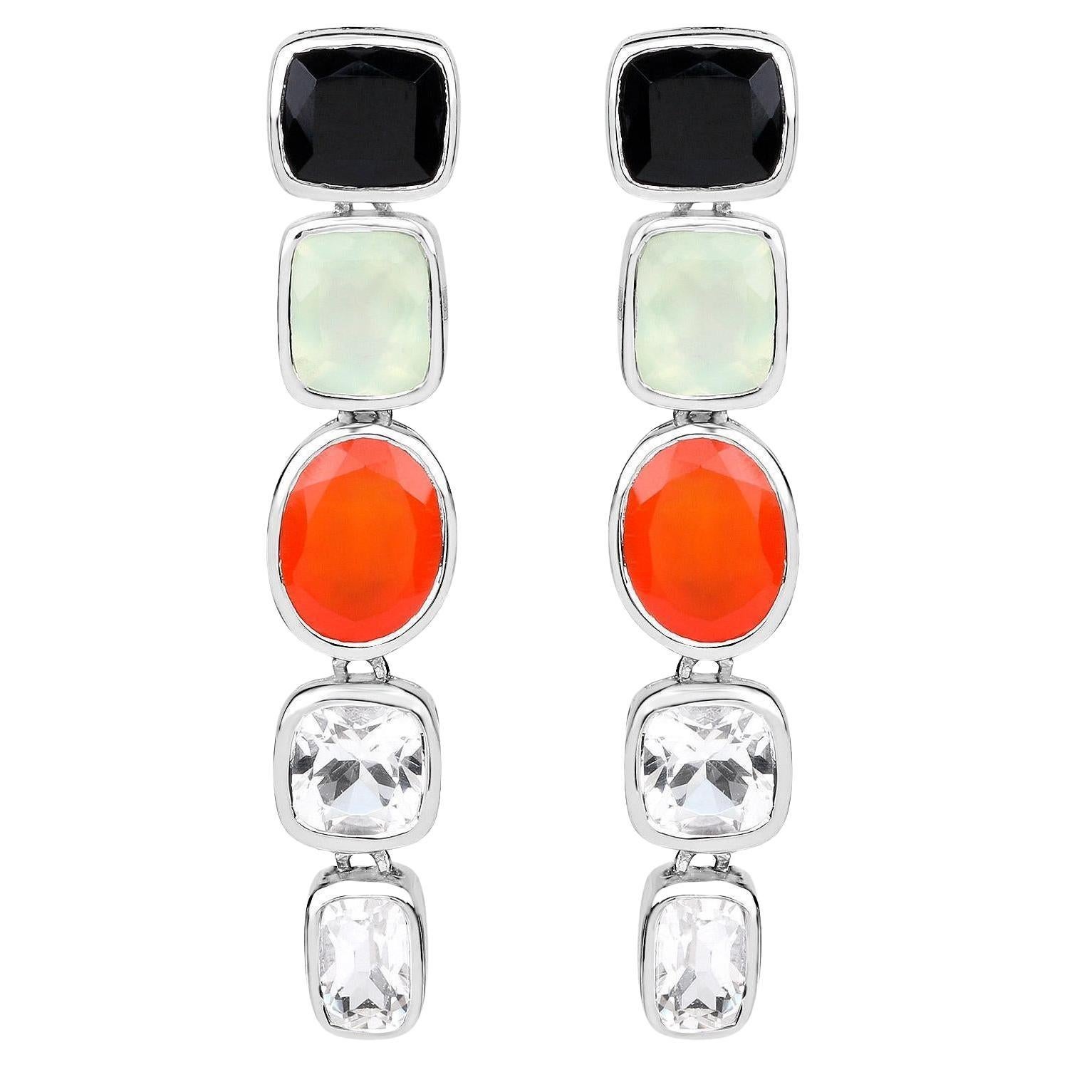Dangle Earrings Black Onyx Prehnite Carnelian Crystal Quartz 10.2 Carats For Sale