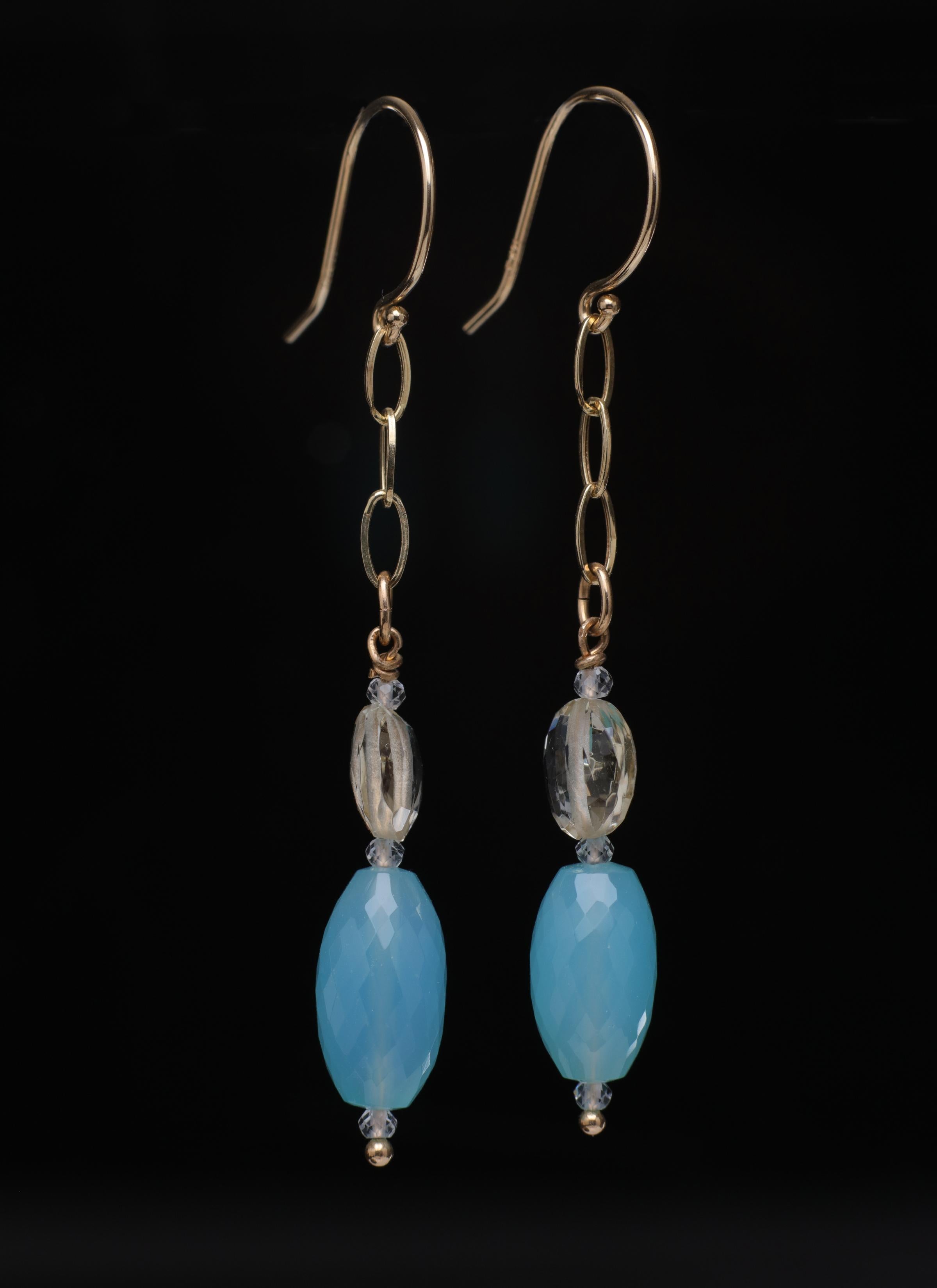 Blue chalcedony, scapolite, topaz, and gold earrings invoke a memory of my loving mother calling me to get up in the morning.  I hope some of that love warms your heart.  

