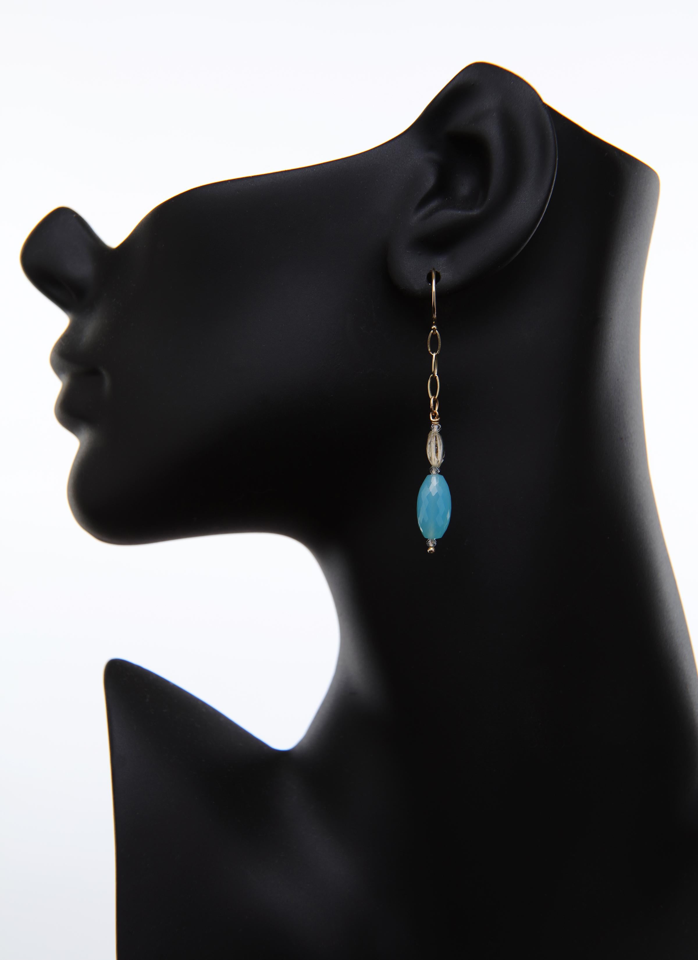 Contemporary Blue Chalcedony, Scapolite, Topaz, and Gold Earrings For Sale