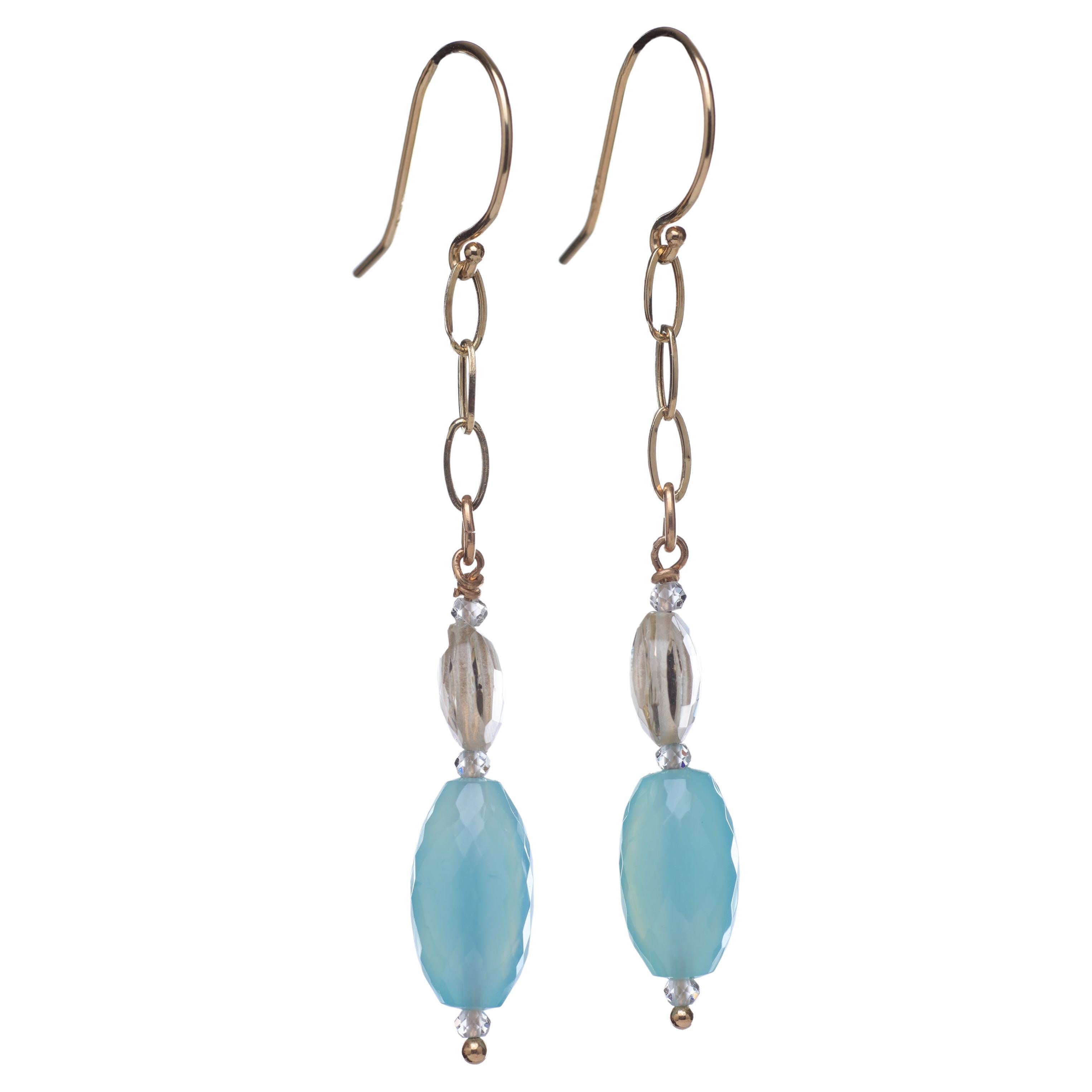 Blue Chalcedony, Scapolite, Topaz, and Gold Earrings For Sale