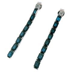 Dangle Earrings Blue Sapphire 11.20 Carats Emerald Cut White Gold 18 Karat
