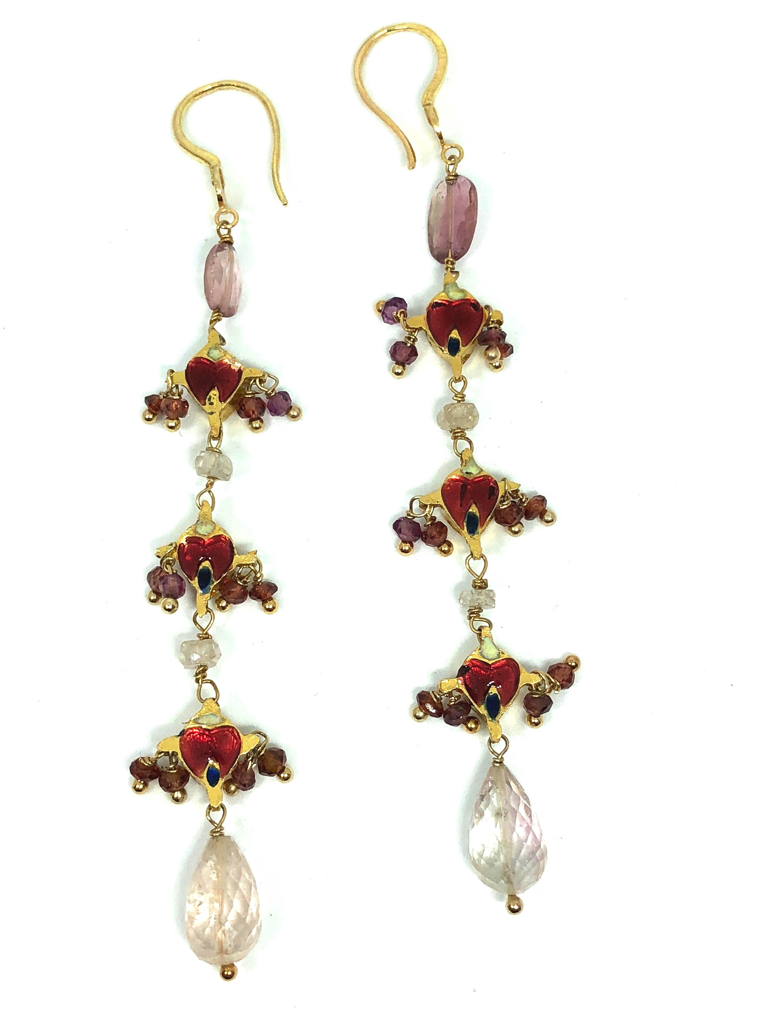 Baroque Dangle Earrings Diamonds Sapphire, Pink, Tourmaline Briolette Cut, 18 Karat Gold For Sale