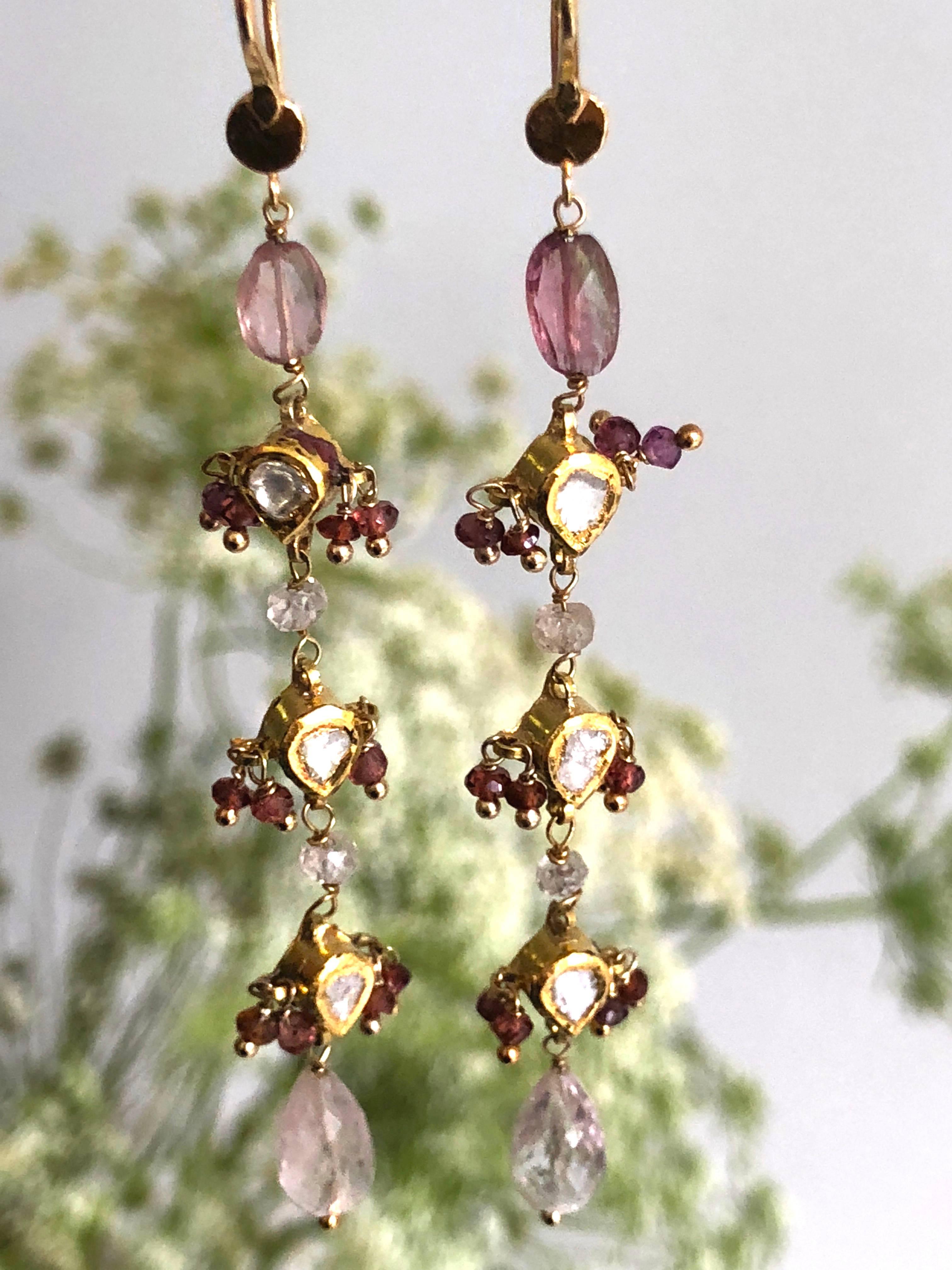 Dangle Earrings Diamonds Sapphire, Pink, Tourmaline Briolette Cut, 18 Karat Gold In New Condition For Sale In Paris, FR