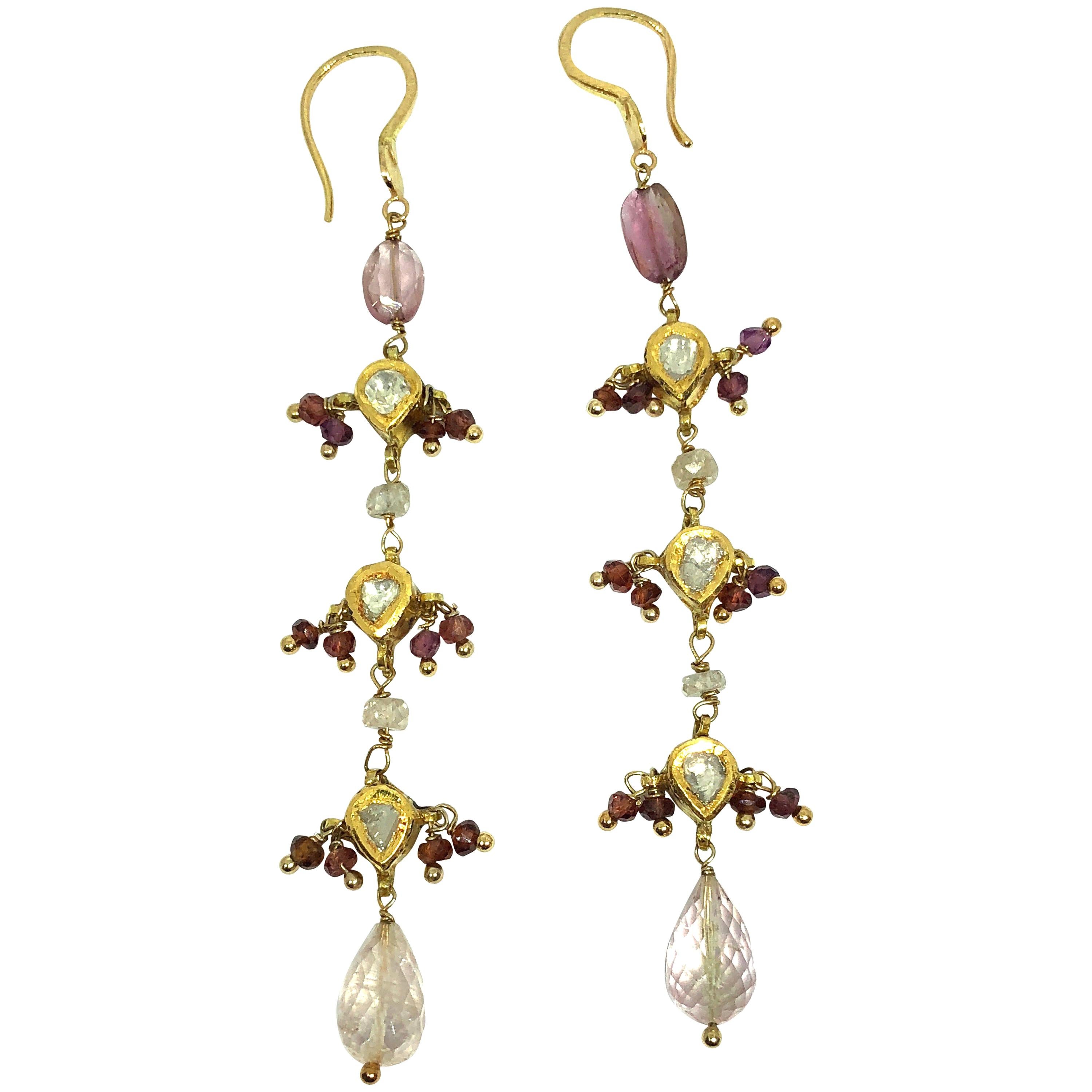 Dangle Earrings Diamonds Sapphire, Pink, Tourmaline Briolette Cut, 18 Karat Gold For Sale