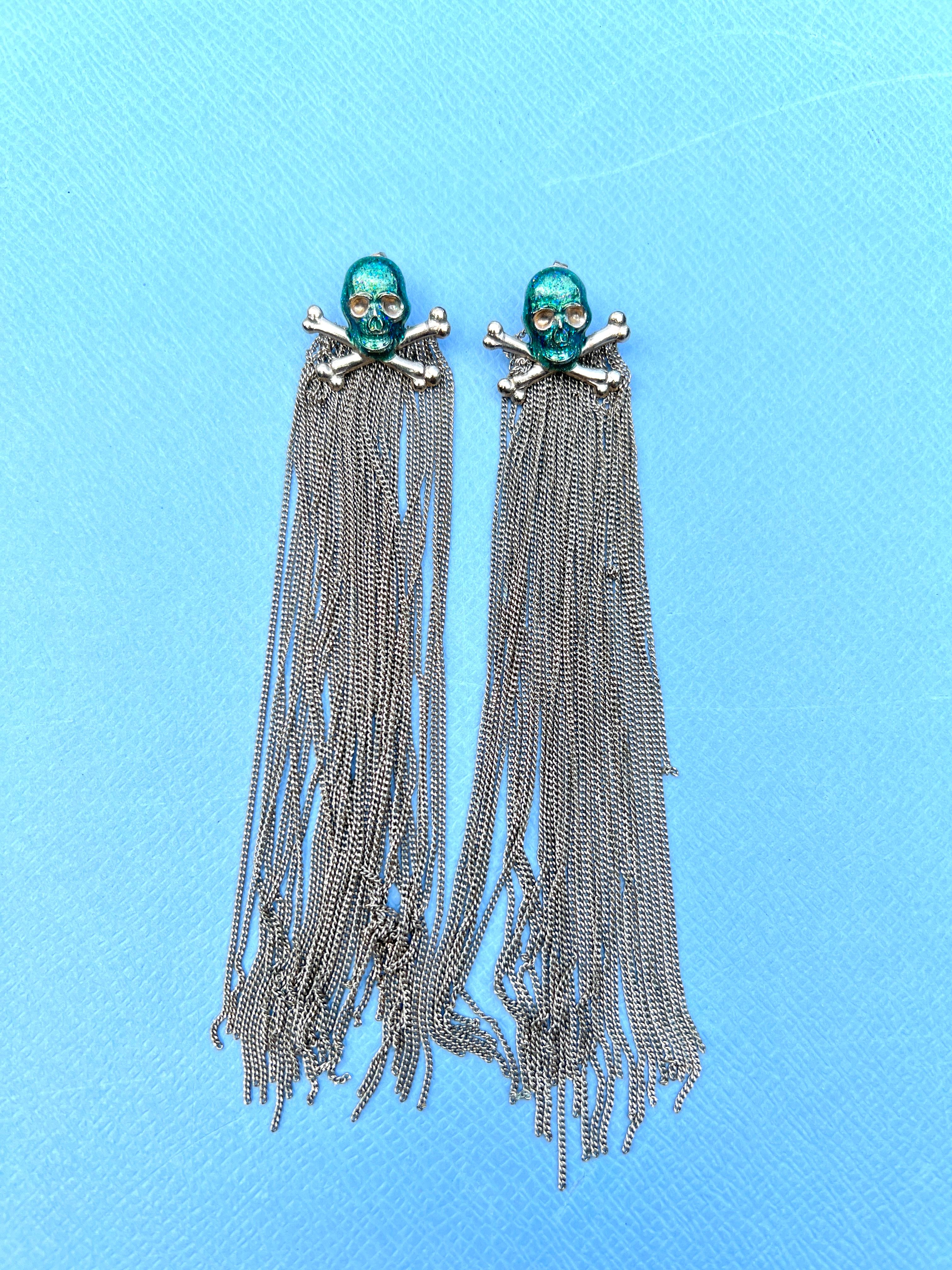 Boucles d'oreilles tête de mort Chaîne émail vert Dangle Pour femmes en vente