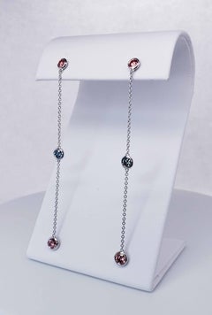 Dangle Earrings in 14k White Gold with Blue and Pink Diamonds