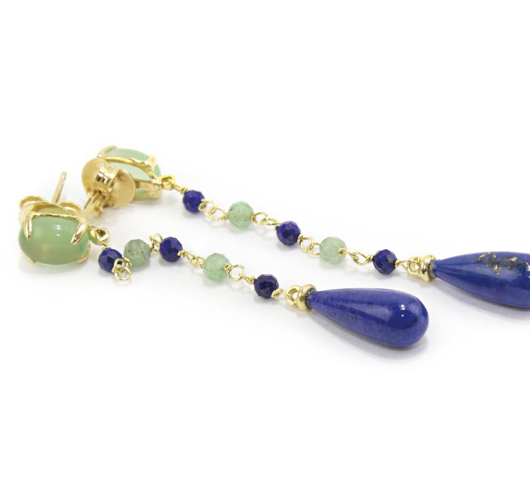 Artisan Dangle Earrings in 18 Karat Gold, Lapis Lazuli and Green Quartz For Sale