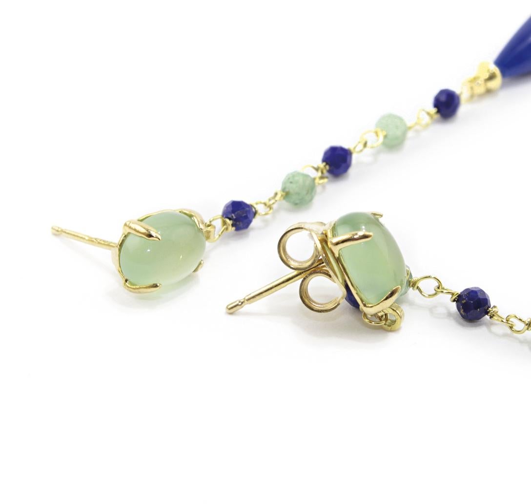 Pear Cut Dangle Earrings in 18 Karat Gold, Lapis Lazuli and Green Quartz For Sale