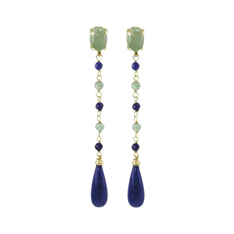 Dangle Earrings in 18 Karat Gold, Lapis Lazuli and Green Quartz For Sale