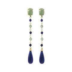Dangle Earrings in 18 Karat Gold, Lapis Lazuli and Green Quartz