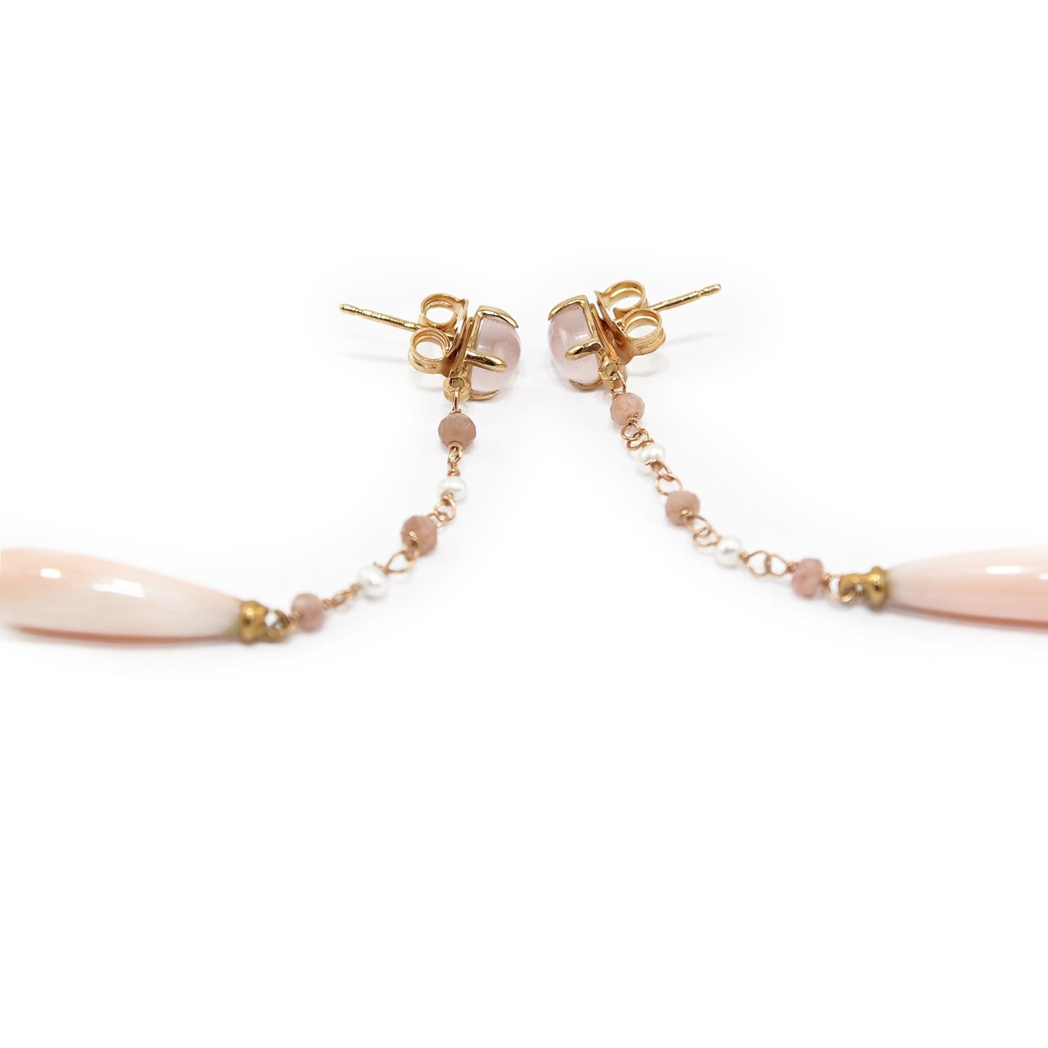 Artisan Dangle Earrings in 18 Karat Gold, Pink Coral, Pink Quartz, Rhodocrosite, Pearls For Sale