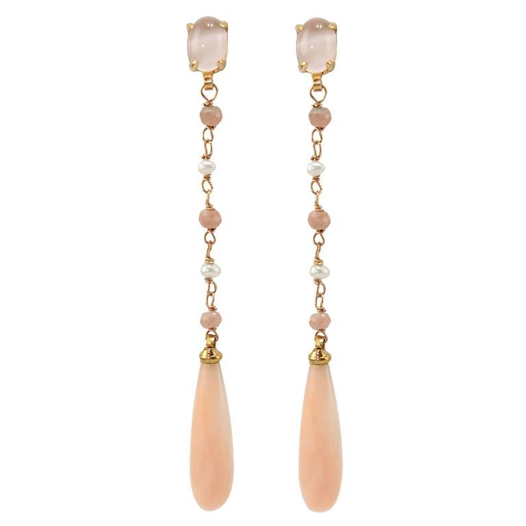 Dangle Earrings in 18 Karat Gold, Pink Coral, Pink Quartz, Rhodocrosite, Pearls For Sale
