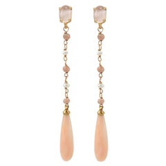 Dangle Earrings in 18 Karat Gold, Pink Coral, Pink Quartz, Rhodocrosite, Pearls