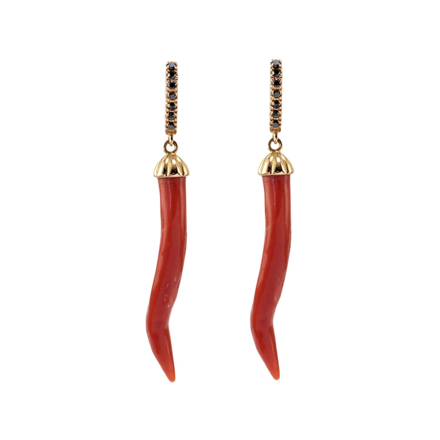 Dangle Earrings in 18 Karat Gold, Red Coral and Black Diamonds For Sale