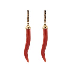 Dangle Earrings in 18 Karat Gold, Red Coral and Black Diamonds
