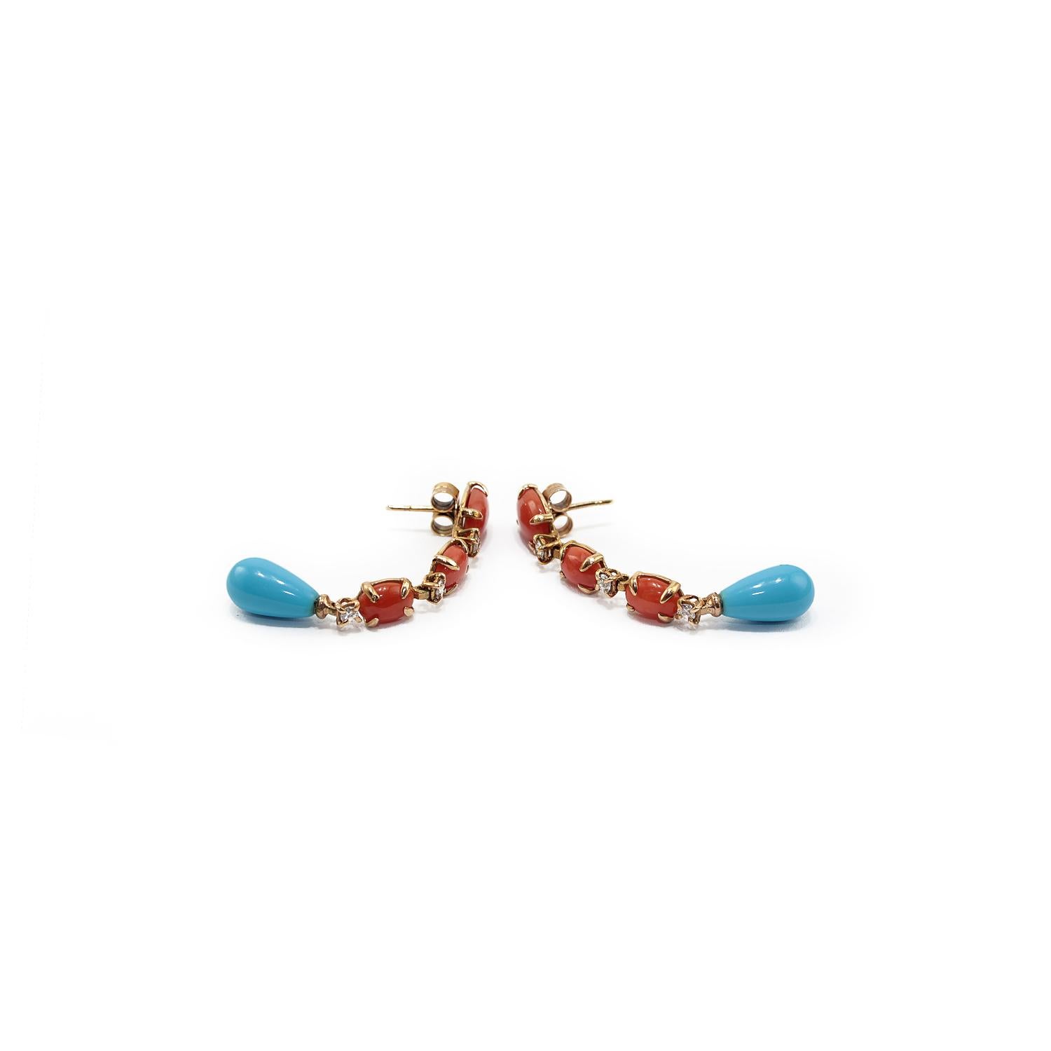 Artisan Dangle Earrings in 18 Karat Gold, Red Coral, Turquoise and Diamonds For Sale