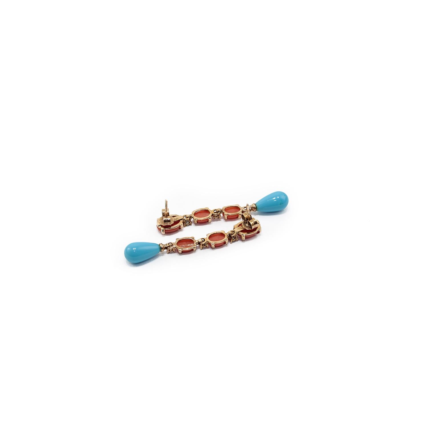 Cabochon Dangle Earrings in 18 Karat Gold, Red Coral, Turquoise and Diamonds For Sale