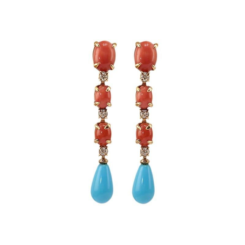 Dangle Earrings in 18 Karat Gold, Red Coral, Turquoise and Diamonds For Sale