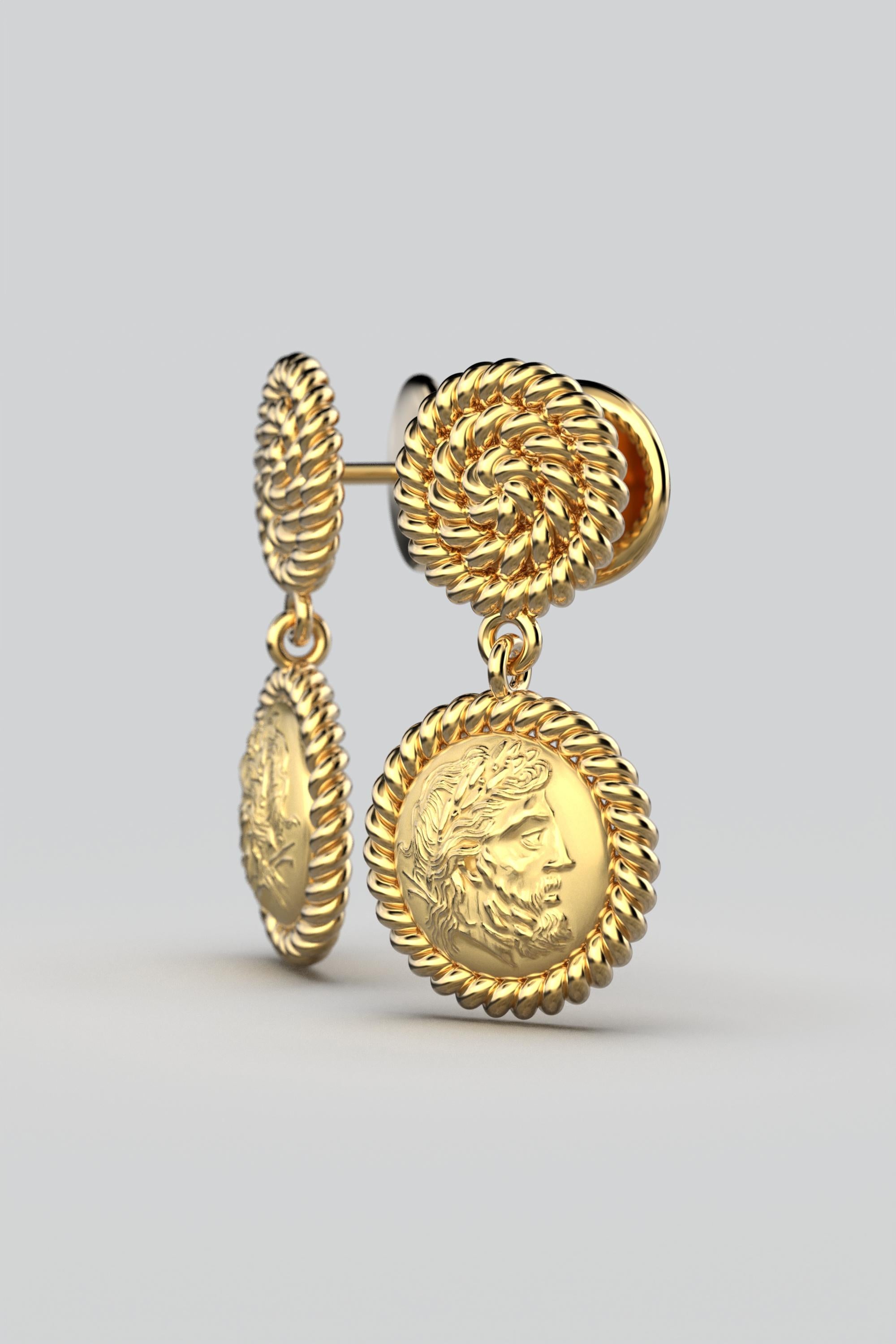 Greek Revival Dangle Earrings in 18k solid Gold, Ancient Greek Style, Zeus Coin Earrings For Sale