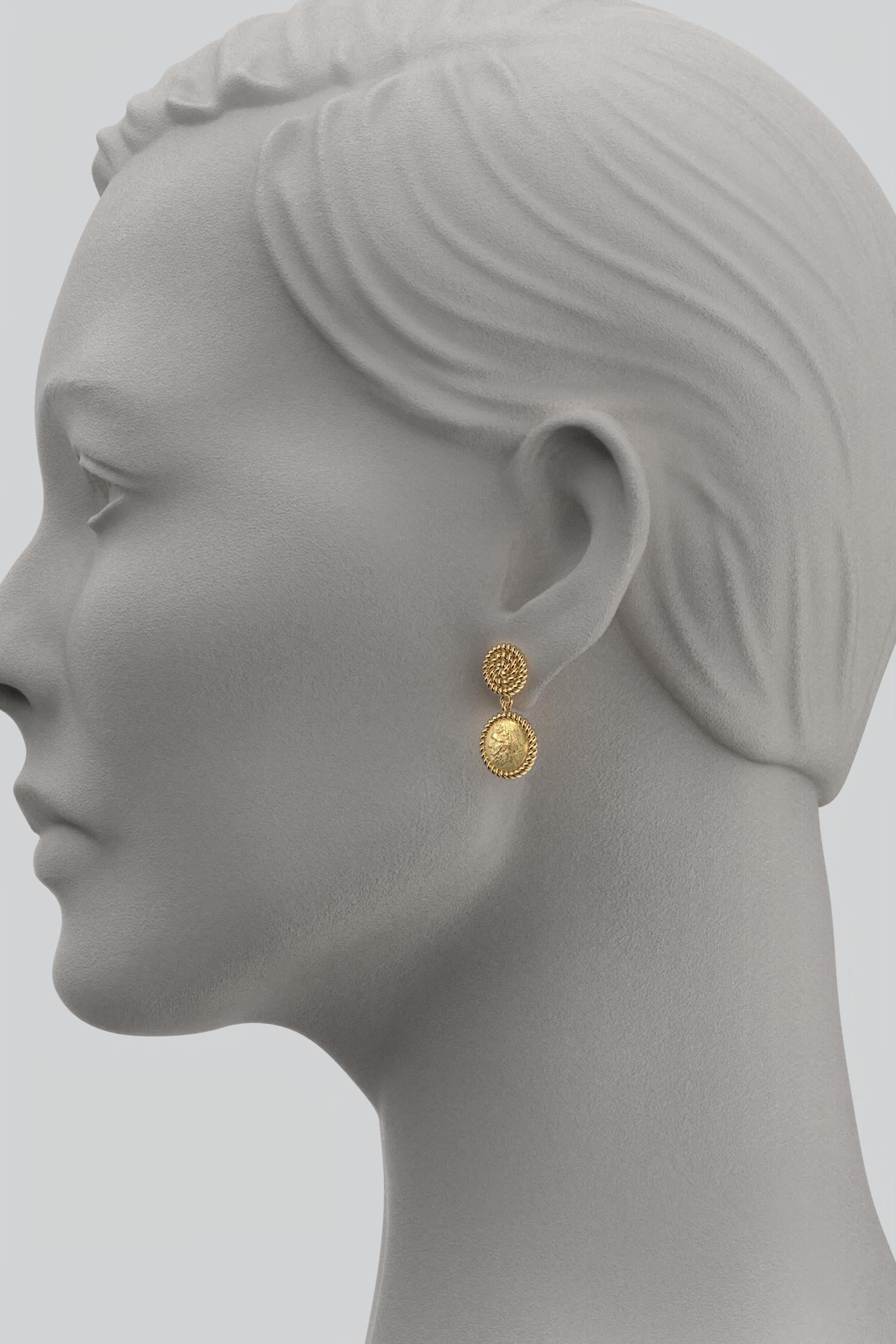 Dangle Earrings in 18k solid Gold, Ancient Greek Style, Zeus Coin Earrings In New Condition For Sale In Camisano Vicentino, VI