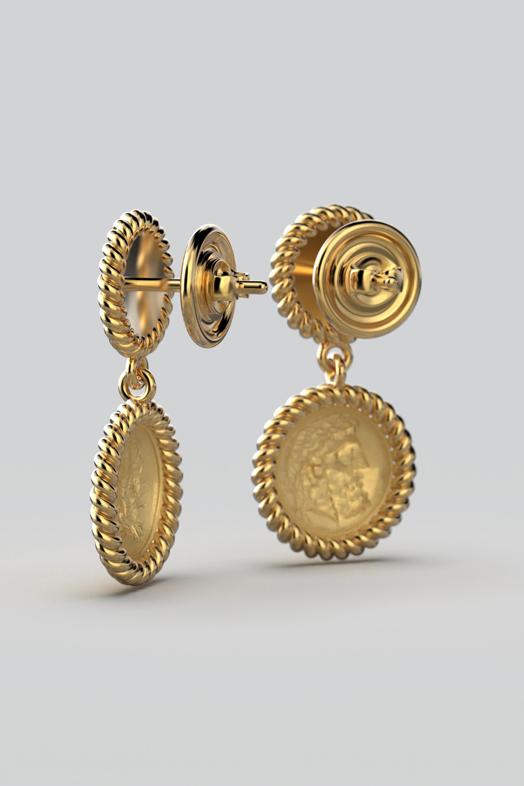 Women's Dangle Earrings in 18k solid Gold, Ancient Greek Style, Zeus Coin Earrings For Sale