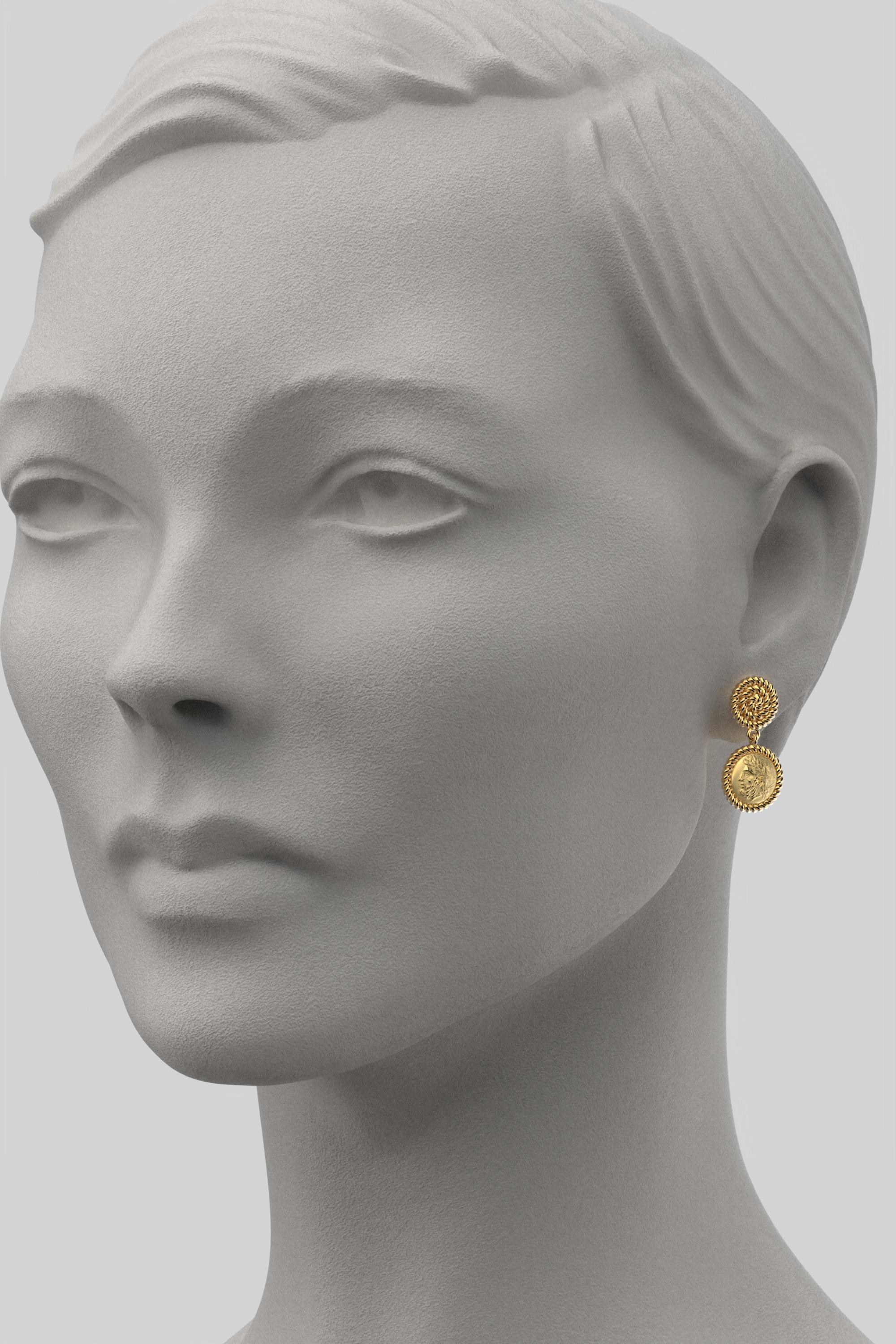 Dangle Earrings in 18k solid Gold, Ancient Greek Style, Zeus Coin Earrings For Sale 1
