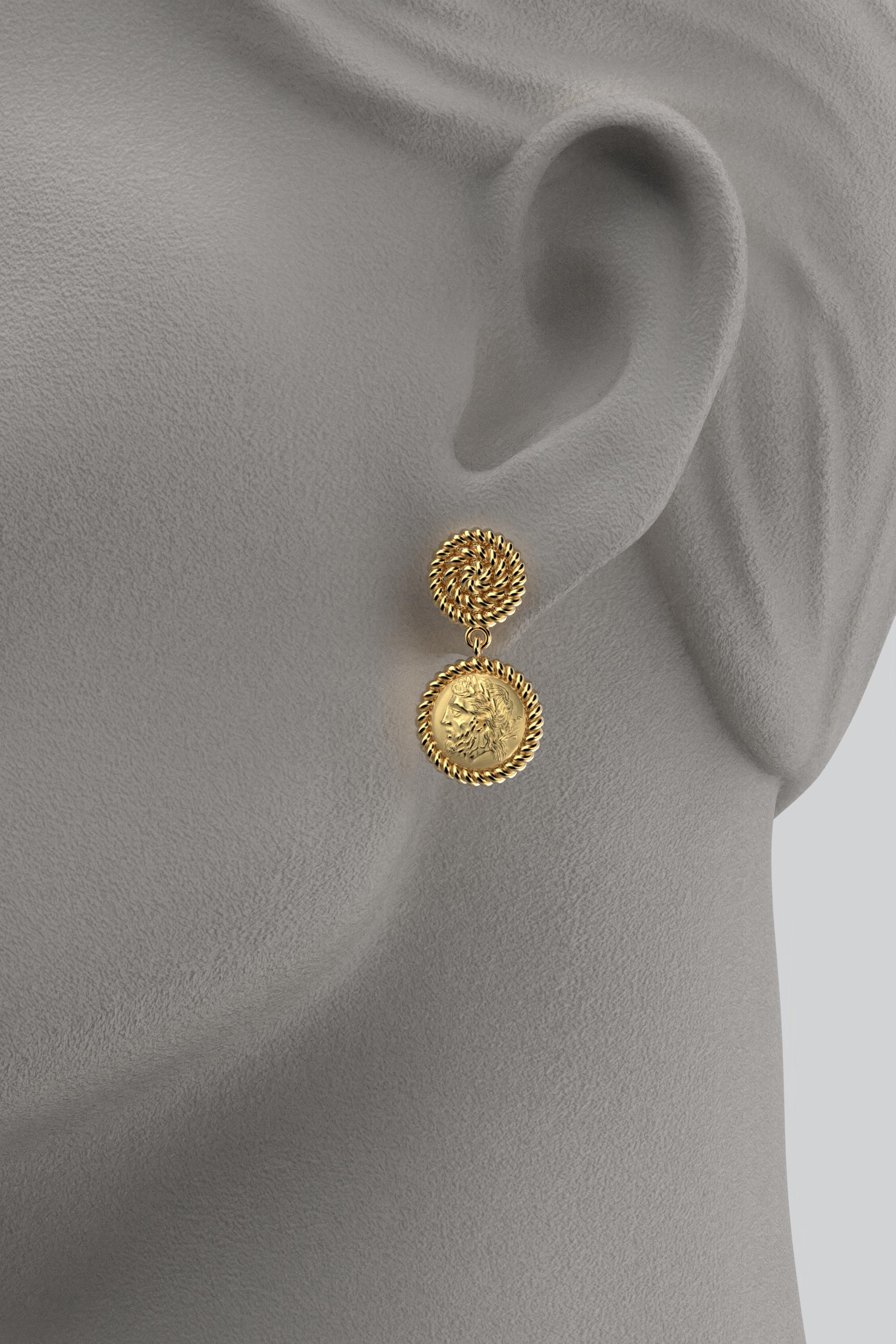 Dangle Earrings in 18k solid Gold, Ancient Greek Style, Zeus Coin Earrings For Sale 2