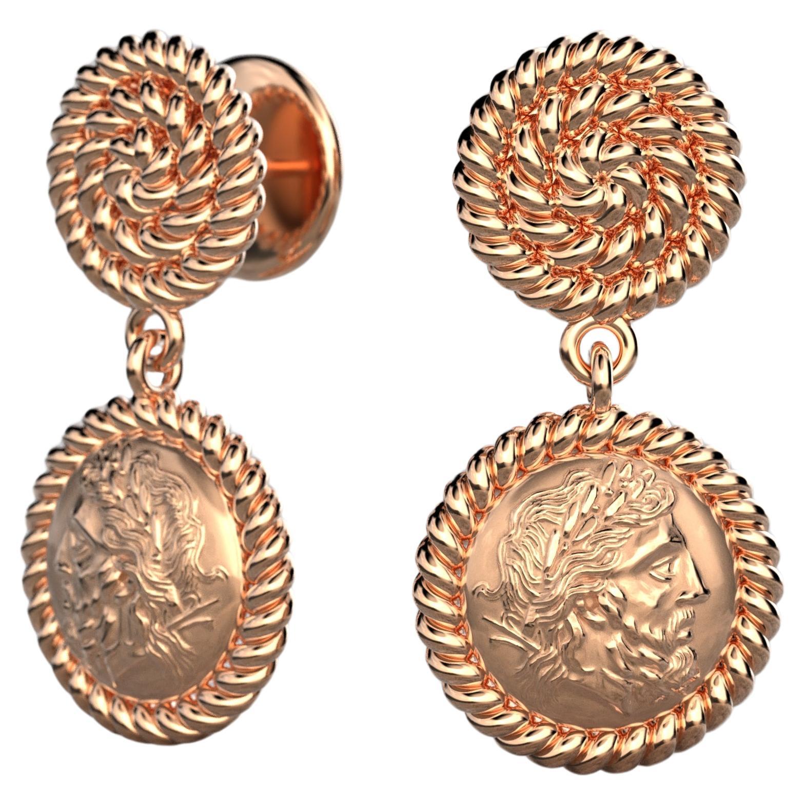 Boucles d'oreilles pendantes en or massif 18 carats, style grec antique, pièce de monnaie Zeus