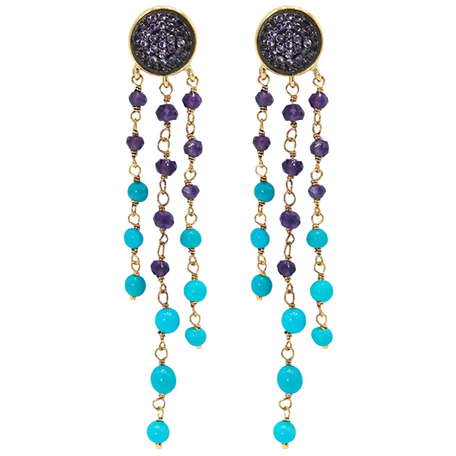 Dangle Earrings in 925 Silver, Amethyst Paves and Turquoise and Amethyst Beads