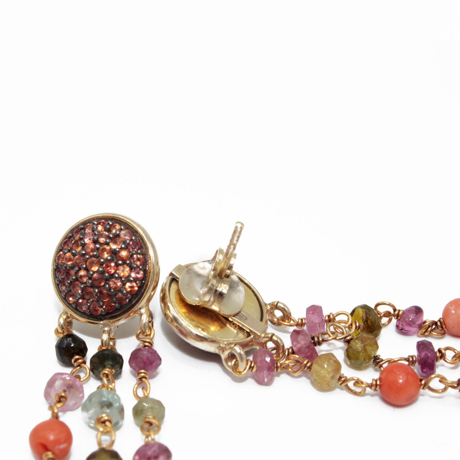 Artisan Dangle Earrings in 925 Silver, Orange Sapphires Paves and Multi-Color Tourmaline For Sale