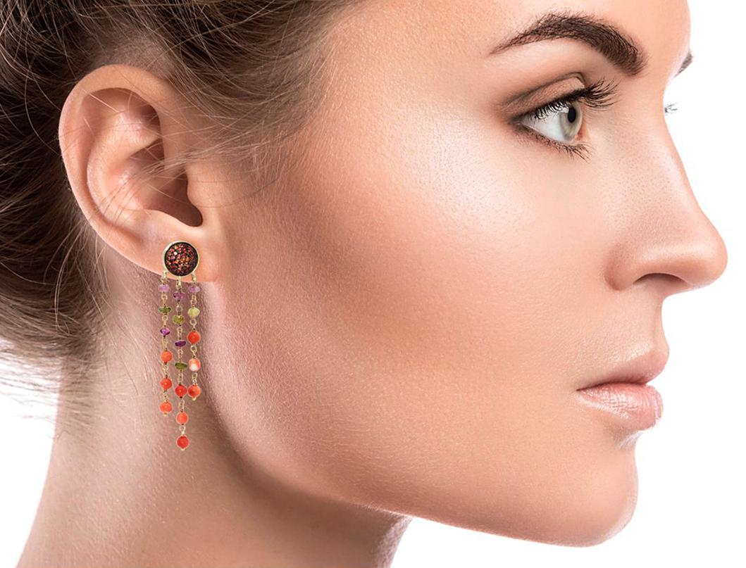 Dangle Earrings in 925 Silver, Orange Sapphires Paves and Multi-Color Tourmaline In New Condition For Sale In Torre del Greco, IT