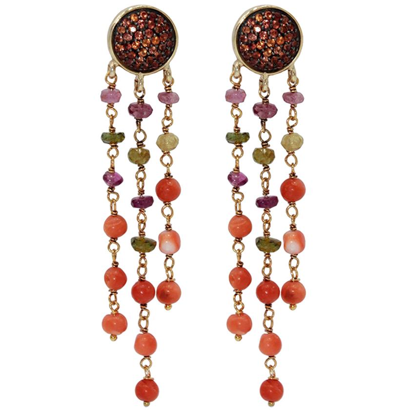 Dangle Earrings in 925 Silver, Orange Sapphires Paves and Multi-Color Tourmaline For Sale